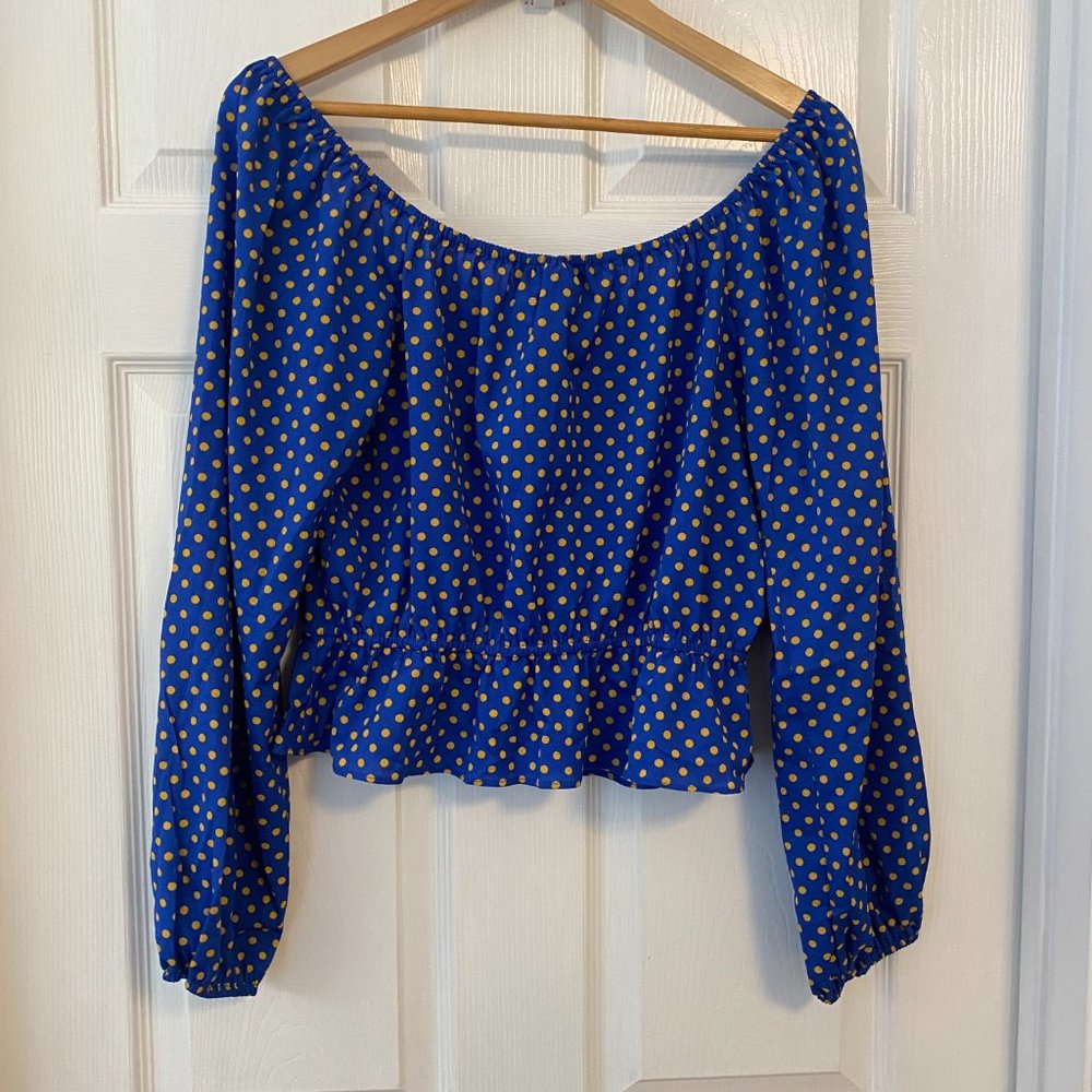 Blue Polka Dot Sweetheart Neck Peplum Long Sleeve Top - Size Large - Picture 4 of 10